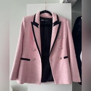Zara Pink Tweed Blazer with Black Trim